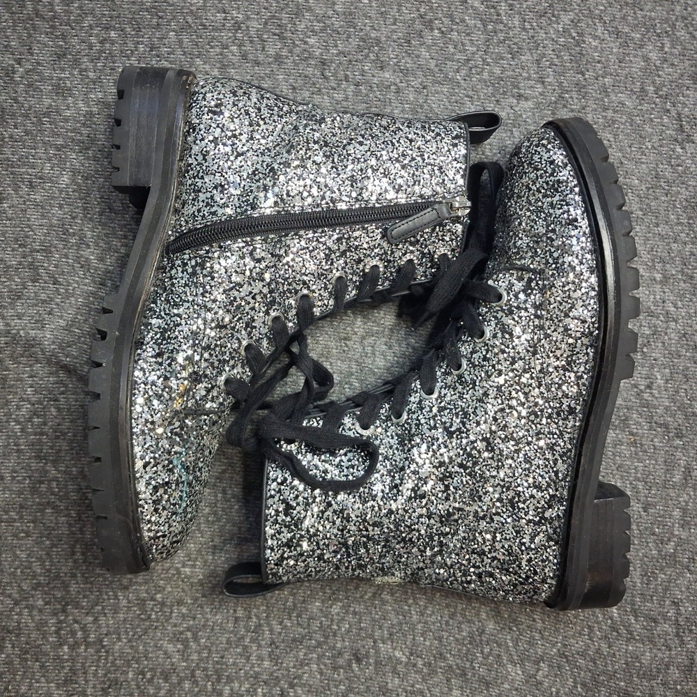 Kate Spade New York Jemma Silver Glitter Combat Boots Side Zip Lug Sole 7B